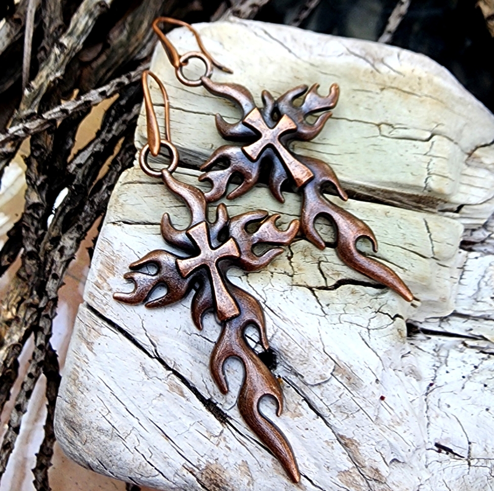 Cross Earrings Santa Fe Copper Large Dangle Earrings Boho Mystic Spell Jewelry